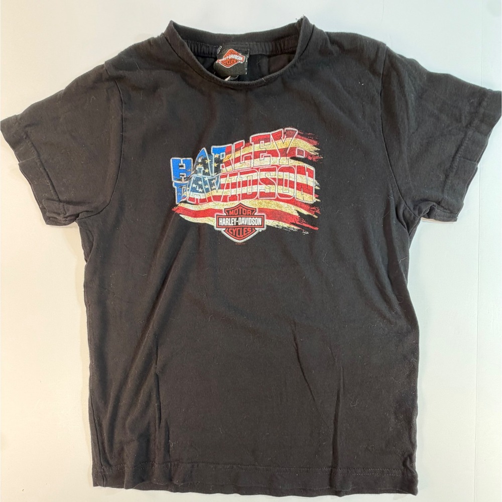 Harley Davidson Boys Youth‎ Medium T-Shirt Black American Flag Graphic Tee S/S